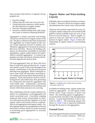 Some practices that destroy or degrade soil ag-        Organic Matter and Water-holding
gregates are:
                                                       Capacity
•   Excessive tillage
                                                       Soil holds water according to its texture, as shown
•   Tilling when the soil is too wet or too dry
                                                       in Table 1. However, the level of organic matter
•   Using anhydrous ammonia, which speeds
                                                       also determines how much water a soil can hold.
    the decomposition of organic matter
•   Excessive nitrogen fertilization
                                                       Arkansas soil scientists report that for every 1%
•   Excessive sodium buildup from salty irriga-
                                                       of organic matter content, the soil can hold 16,500
    tion water or sodium-containing fertilizers
                                                       gallons of plant-available water per acre of soil
                                                       down to one foot deep (5). That is roughly 1.5
Aggregation is closely associated with biologi-
                                                       quarts of water per cubic-foot of soil for each
cal activity and the level of organic matter in the
                                                       percent of organic matter. Figure 2 shows the
soil. The gluey substances that bind components
                                                       relationship of organic matter to water-holding
into aggregates are created largely by the vari-
                                                       capacity.
ous living organisms present in healthy soil.
Therefore, aggregation is increased by practices
that favor soil biota. Because the binding sub-                            60
stances are themselves susceptible to microbial
degradation, organic matter needs to be replen-                            50
                                                       % Water by Volume

ished to maintain aggregation. To conserve ag-
gregates once they are formed, minimize the fac-                           40
tors that degrade and destroy them.
                                                                           30
The best-aggregated soils are those that have
been in long-term grass production (4). A grass                            20
sod extends a mass of fine roots throughout the
                                                                           10
topsoil, contributing to the physical processes
that help form aggregates. Roots continually re-                            0
move water from soil microsites, providing lo-
cal wetting and drying effects that promote ag-                                 1   2   3   4   5   6   7
gregation. Roots also produce food for soil mi-                             Percent Organic Matter by Weight
croorganisms and earthworms, thus generating
the compounds that bind the aggregates into
water-stable units. Additionally, a perennial          Figure 2. Available water content with increasing
                                                       soil organic matter (6).
grass sod provides protection from raindrops and
erosion while these processes are occurring.           In addition to holding water, organic matter also
                                                       improves aggregation. As soil organic matter
This combination of factors creates optimal con-       breaks down, large amounts of glues and
ditions for establishing a well-aggregated soil        slimes—the cementing agents of aggregation—
under a perennial cover. Conversely, cropping          are produced by microbes in the decomposition
sequences that involve annual plants in exten-         process. A good demonstration of this is pro-
sive cultivation provide less vegetative cover and     vided in Table 2. The increasing manure rate
organic matter, and usually result in a rapid de-      shown in Table 2 led to improved infiltration
cline in soil aggregation and organic matter. No-      through the increase in soil aggregation.
till cropping requires less manipulation of the soil
and retains a surface mulch; it is quite successful
at promoting good aggregation on annually
                                                       Ground Cover
cropped soils.
                                                       The most apparent benefit of maintaining ground
                                                       cover on soil is erosion resistance. However,

           //DROUGHT RESISTANT SOIL                                                                     PAGE 3
 