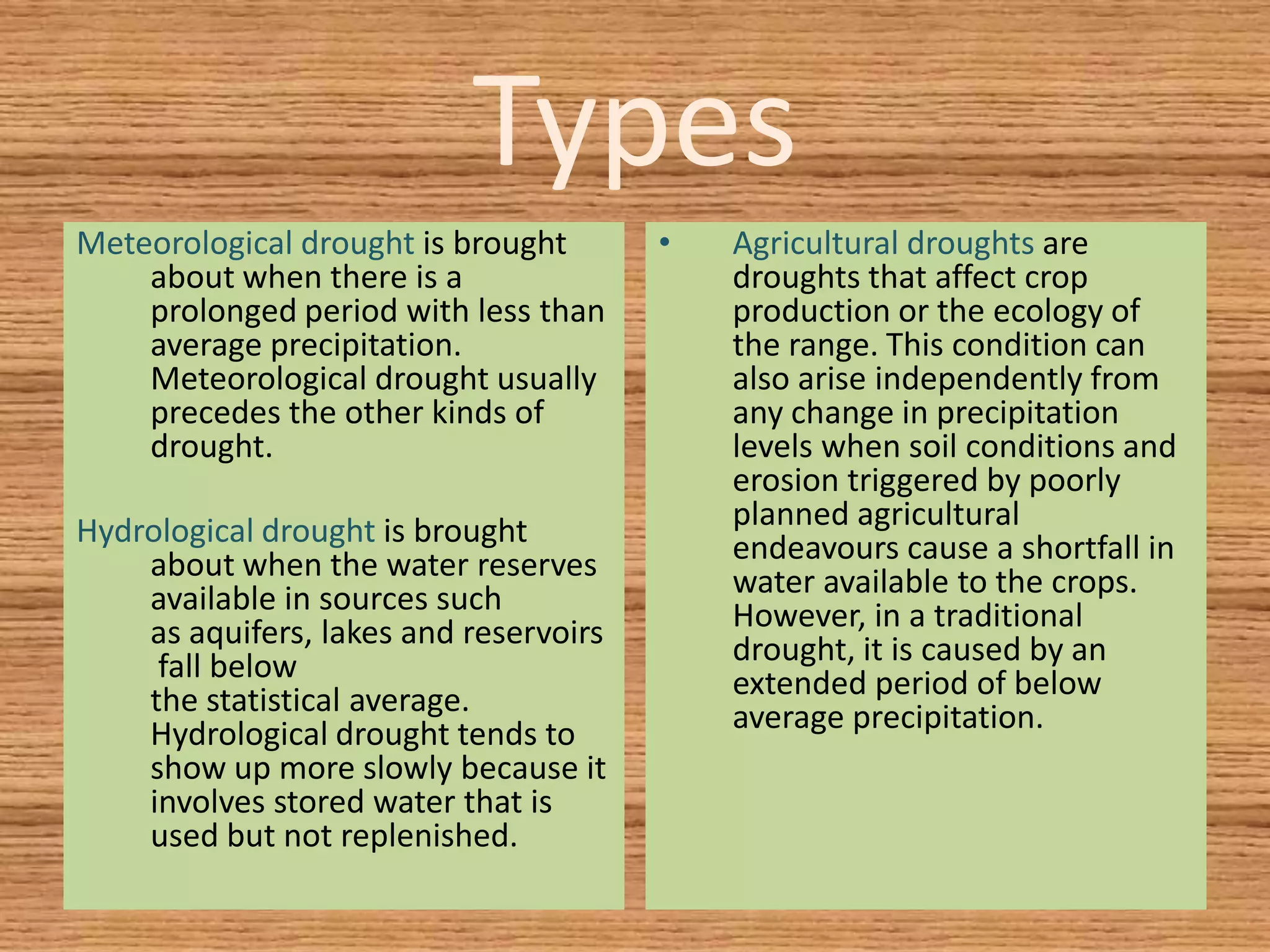 Types
Meteorological drought is brought
about when there is a
prolonged period with less than
average precipitation.
Meteorological drought usually
precedes the other kinds of
drought.
Hydrological drought is brought
about when the water reserves
available in sources such
as aquifers, lakes and reservoirs
fall below
the statistical average.
Hydrological drought tends to
show up more slowly because it
involves stored water that is
used but not replenished.
• Agricultural droughts are
droughts that affect crop
production or the ecology of
the range. This condition can
also arise independently from
any change in precipitation
levels when soil conditions and
erosion triggered by poorly
planned agricultural
endeavours cause a shortfall in
water available to the crops.
However, in a traditional
drought, it is caused by an
extended period of below
average precipitation.
 