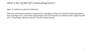 What is the 10,344 ACF Confounding Factor?
23
Again, it could be just a genuine model error.
Otherwise, who knows it could be an opportunity to investigate and figure out what this confounding factor is.
If we could figure it out, and resolve it going forward, that could represent an additional water supply of 10,344
ACFs. That probably represents close to 5 months of water demand.
 