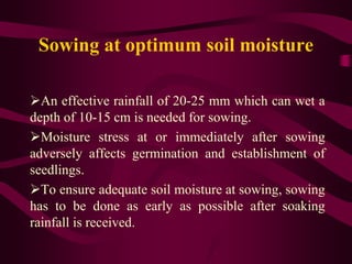 Sowing at optimum soil moisture
An effective rainfall of 20-25 mm which can wet a
depth of 10-15 cm is needed for sowing.
Moisture stress at or immediately after sowing
adversely affects germination and establishment of
seedlings.
To ensure adequate soil moisture at sowing, sowing
has to be done as early as possible after soaking
rainfall is received.
 