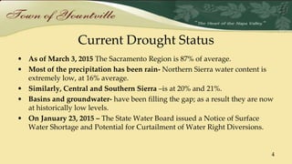 Current Drought Status
• As of March 3, 2015 The Sacramento Region is 87% of average.
• Most of the precipitation has been rain- Northern Sierra water content is
extremely low, at 16% average.
• Similarly, Central and Southern Sierra –is at 20% and 21%.
• Basins and groundwater- have been filling the gap; as a result they are now
at historically low levels.
• On January 23, 2015 – The State Water Board issued a Notice of Surface
Water Shortage and Potential for Curtailment of Water Right Diversions.
4
 
