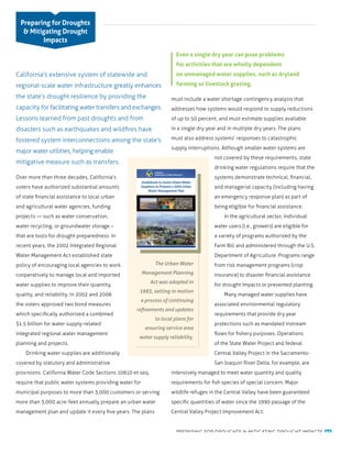 OSP 12 128357
Guidebook to Assist Urban Water
Suppliers to Prepare a 2010 Urban
Water Management Plan
California
Department of Water Resources
2 0 1 2 D R O U G H T B R O C H U R E
11
regional-scale water infrastructure greatly enhances
integrated regional water management
The Urban Water
Act was adopted in
a process of continuing
to local plans for
ensuring service area
must include a water shortage contingency analysis that
drinking water regulations require that the
 