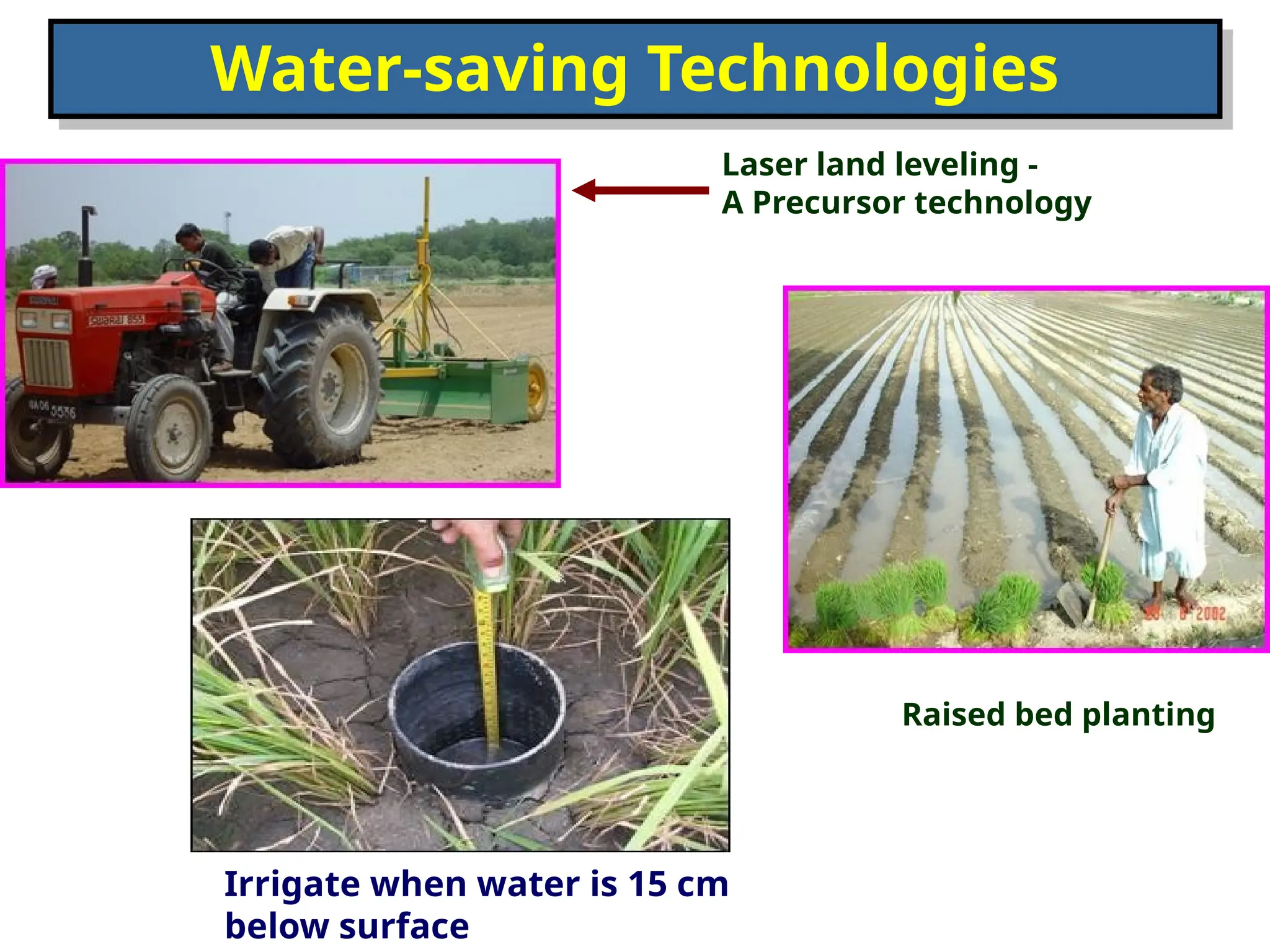 Water-saving Technologies
Laser land leveling -
A Precursor technology
Raised bed planting
Irrigate when water is 15 cm
below surface
 