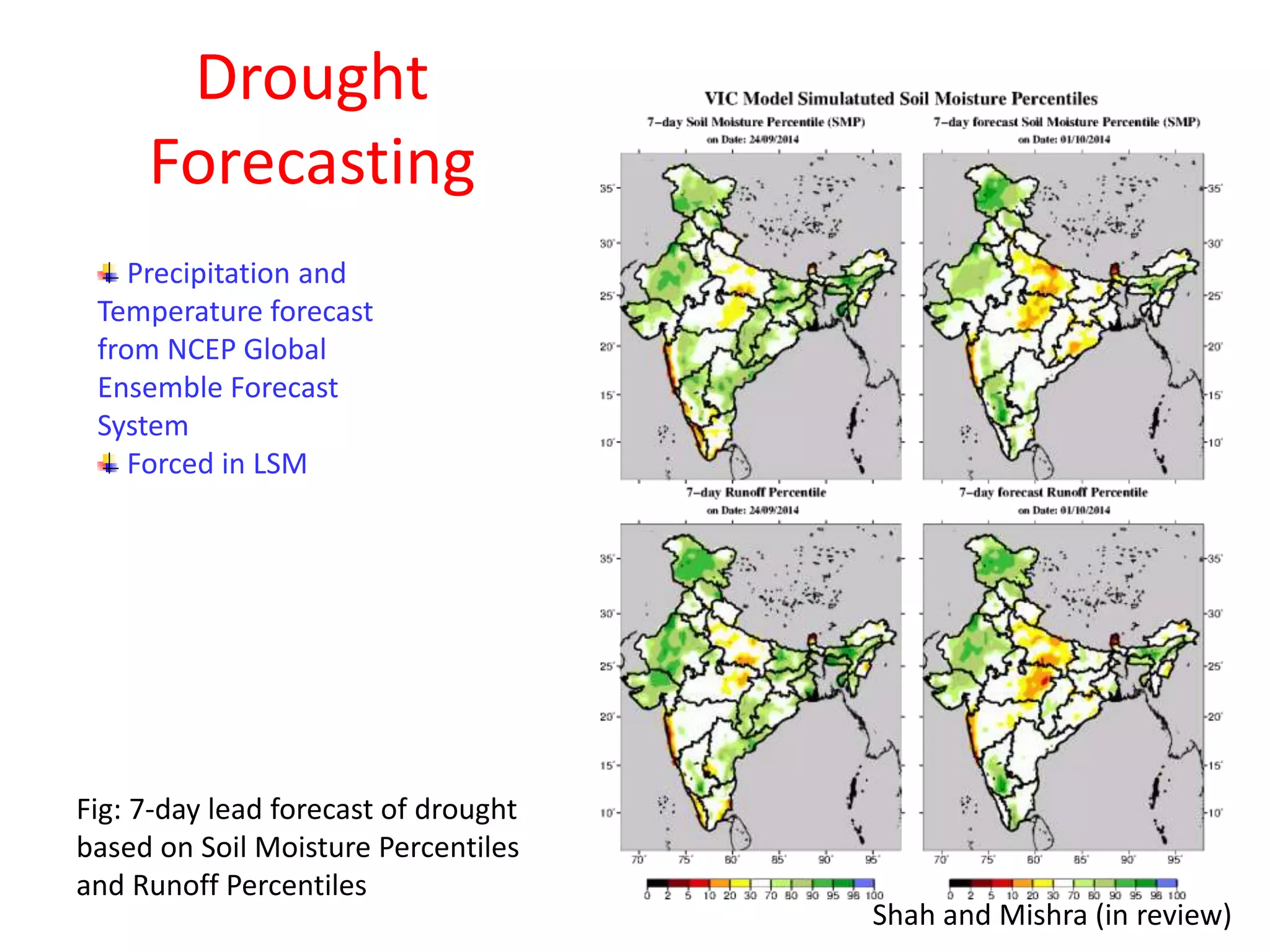 Drought 
Forecasting 
Precipitation and 
Temperature forecast 
from NCEP Global 
Ensemble Forecast 
System 
Forced in LSM 
Fig: 7-day lead forecast of drought 
based on Soil Moisture Percentiles 
and Runoff Percentiles 
Shah and Mishra (in review) 
 