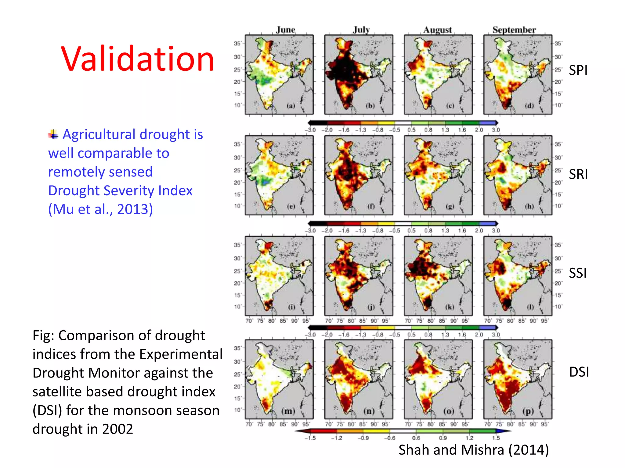 Validation 
Agricultural drought is 
well comparable to 
remotely sensed 
Drought Severity Index 
(Mu et al., 2013) 
Fig: Comparison of drought 
indices from the Experimental 
Drought Monitor against the 
satellite based drought index 
(DSI) for the monsoon season 
drought in 2002 
SPI 
SRI 
SSI 
DSI 
Shah and Mishra (2014) 
 