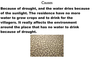 Causes
Because of drought, and the water dries because
of the sunlight. The residence have no more
water to grow crops and to drink for the
villagers. It really affects the environment
around the place that has no water to drink
because of drought.
 