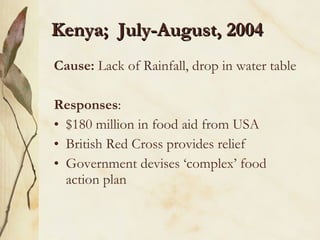 Kenya;  July-August, 2004 Cause:  Lack of Rainfall, drop in water table Responses :  $180 million in food aid from USA British Red Cross provides relief Government devises ‘complex’ food action plan 
