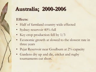 Australia;  2000-2006 Effects: Half of farmland country wide effected Sydney reservoir 40% full Key crop production fell by 1/3 Economic growth at slowed to the slowest rate in three years Pejar Reservoir near Goulburn at 2% capacity Gardens dry up and die, cricket and rugby tournaments cut short. 