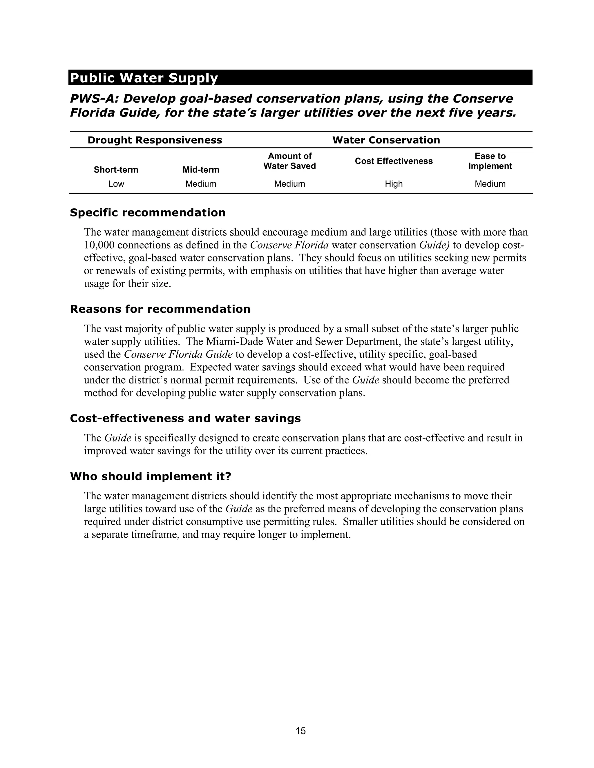 Public Water Supply
PWS-A: Develop goal-based conservation plans, using the Conserve
Florida Guide, for the state’s larger utilities over the next five years.

  Drought Responsiveness                                   Water Conservation
                                            Amount of                                      Ease to
                                                                Cost Effectiveness
    Short-term          Mid-term           Water Saved                                    Implement

       Low               Medium              Medium                    High                Medium


Specific recommendation
  The water management districts should encourage medium and large utilities (those with more than
  10,000 connections as defined in the Conserve Florida water conservation Guide) to develop cost-
  effective, goal-based water conservation plans. They should focus on utilities seeking new permits
  or renewals of existing permits, with emphasis on utilities that have higher than average water
  usage for their size.

Reasons for recommendation
  The vast majority of public water supply is produced by a small subset of the state’s larger public
  water supply utilities. The Miami-Dade Water and Sewer Department, the state’s largest utility,
  used the Conserve Florida Guide to develop a cost-effective, utility specific, goal-based
  conservation program. Expected water savings should exceed what would have been required
  under the district’s normal permit requirements. Use of the Guide should become the preferred
  method for developing public water supply conservation plans.

Cost-effectiveness and water savings
  The Guide is specifically designed to create conservation plans that are cost-effective and result in
  improved water savings for the utility over its current practices.

Who should implement it?
  The water management districts should identify the most appropriate mechanisms to move their
  large utilities toward use of the Guide as the preferred means of developing the conservation plans
  required under district consumptive use permitting rules. Smaller utilities should be considered on
  a separate timeframe, and may require longer to implement.




                                                  15
 