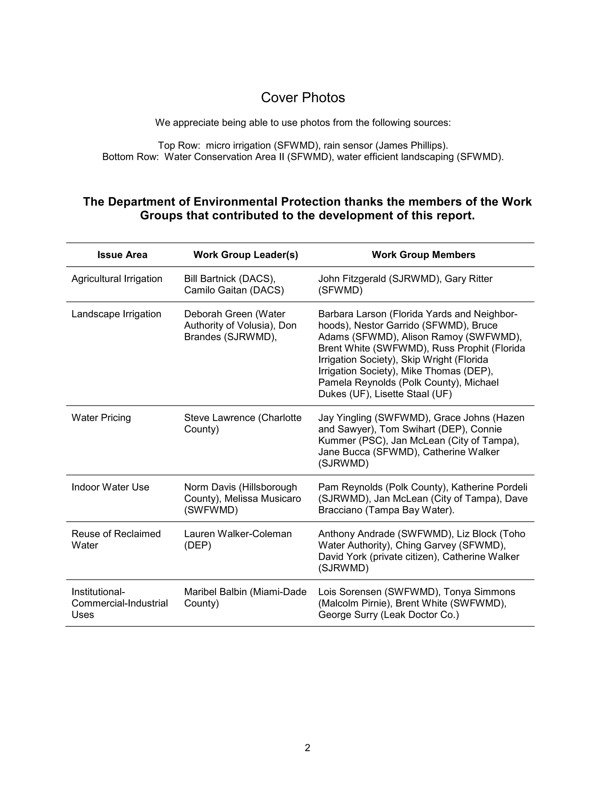 Cover Photos
                     We appreciate being able to use photos from the following sources:

                  Top Row: micro irrigation (SFWMD), rain sensor (James Phillips).
       Bottom Row: Water Conservation Area II (SFWMD), water efficient landscaping (SFWMD).



  The Department of Environmental Protection thanks the members of the Work
           Groups that contributed to the development of this report.


      Issue Area             Work Group Leader(s)                      Work Group Members

Agricultural Irrigation    Bill Bartnick (DACS),            John Fitzgerald (SJRWMD), Gary Ritter
                           Camilo Gaitan (DACS)             (SFWMD)

Landscape Irrigation       Deborah Green (Water             Barbara Larson (Florida Yards and Neighbor-
                           Authority of Volusia), Don       hoods), Nestor Garrido (SFWMD), Bruce
                           Brandes (SJRWMD),                Adams (SFWMD), Alison Ramoy (SWFWMD),
                                                            Brent White (SWFWMD), Russ Prophit (Florida
                                                            Irrigation Society), Skip Wright (Florida
                                                            Irrigation Society), Mike Thomas (DEP),
                                                            Pamela Reynolds (Polk County), Michael
                                                            Dukes (UF), Lisette Staal (UF)

Water Pricing              Steve Lawrence (Charlotte        Jay Yingling (SWFWMD), Grace Johns (Hazen
                           County)                          and Sawyer), Tom Swihart (DEP), Connie
                                                            Kummer (PSC), Jan McLean (City of Tampa),
                                                            Jane Bucca (SFWMD), Catherine Walker
                                                            (SJRWMD)

Indoor Water Use           Norm Davis (Hillsborough         Pam Reynolds (Polk County), Katherine Pordeli
                           County), Melissa Musicaro        (SJRWMD), Jan McLean (City of Tampa), Dave
                           (SWFWMD)                         Bracciano (Tampa Bay Water).

Reuse of Reclaimed         Lauren Walker-Coleman            Anthony Andrade (SWFWMD), Liz Block (Toho
Water                      (DEP)                            Water Authority), Ching Garvey (SFWMD),
                                                            David York (private citizen), Catherine Walker
                                                            (SJRWMD)

Institutional-             Maribel Balbin (Miami-Dade       Lois Sorensen (SWFWMD), Tonya Simmons
Commercial-Industrial      County)                          (Malcolm Pirnie), Brent White (SWFWMD),
Uses                                                        George Surry (Leak Doctor Co.)




                                                        2
 