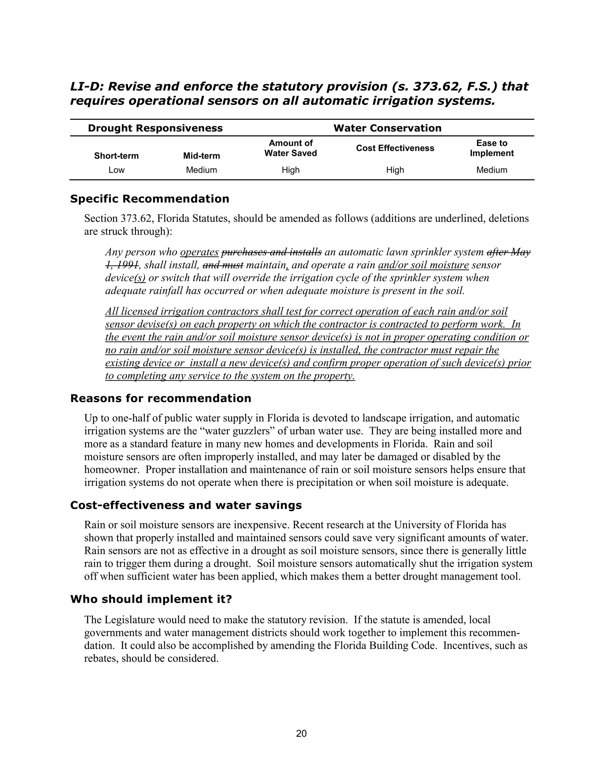 LI-D: Revise and enforce the statutory provision (s. 373.62, F.S.) that
requires operational sensors on all automatic irrigation systems.

  Drought Responsiveness                                   Water Conservation
                                            Amount of                                       Ease to
                                                                 Cost Effectiveness
    Short-term          Mid-term           Water Saved                                     Implement
       Low               Medium                High                     High                Medium


Specific Recommendation
  Section 373.62, Florida Statutes, should be amended as follows (additions are underlined, deletions
  are struck through):
      Any person who operates purchases and installs an automatic lawn sprinkler system after May
      1, 1991, shall install, and must maintain, and operate a rain and/or soil moisture sensor
      device(s) or switch that will override the irrigation cycle of the sprinkler system when
      adequate rainfall has occurred or when adequate moisture is present in the soil.
      All licensed irrigation contractors shall test for correct operation of each rain and/or soil
      sensor devise(s) on each property on which the contractor is contracted to perform work. In
      the event the rain and/or soil moisture sensor device(s) is not in proper operating condition or
      no rain and/or soil moisture sensor device(s) is installed, the contractor must repair the
      existing device or install a new device(s) and confirm proper operation of such device(s) prior
      to completing any service to the system on the property.

Reasons for recommendation
  Up to one-half of public water supply in Florida is devoted to landscape irrigation, and automatic
  irrigation systems are the “water guzzlers” of urban water use. They are being installed more and
  more as a standard feature in many new homes and developments in Florida. Rain and soil
  moisture sensors are often improperly installed, and may later be damaged or disabled by the
  homeowner. Proper installation and maintenance of rain or soil moisture sensors helps ensure that
  irrigation systems do not operate when there is precipitation or when soil moisture is adequate.

Cost-effectiveness and water savings
  Rain or soil moisture sensors are inexpensive. Recent research at the University of Florida has
  shown that properly installed and maintained sensors could save very significant amounts of water.
  Rain sensors are not as effective in a drought as soil moisture sensors, since there is generally little
  rain to trigger them during a drought. Soil moisture sensors automatically shut the irrigation system
  off when sufficient water has been applied, which makes them a better drought management tool.

Who should implement it?
  The Legislature would need to make the statutory revision. If the statute is amended, local
  governments and water management districts should work together to implement this recommen-
  dation. It could also be accomplished by amending the Florida Building Code. Incentives, such as
  rebates, should be considered.




                                                   20
 