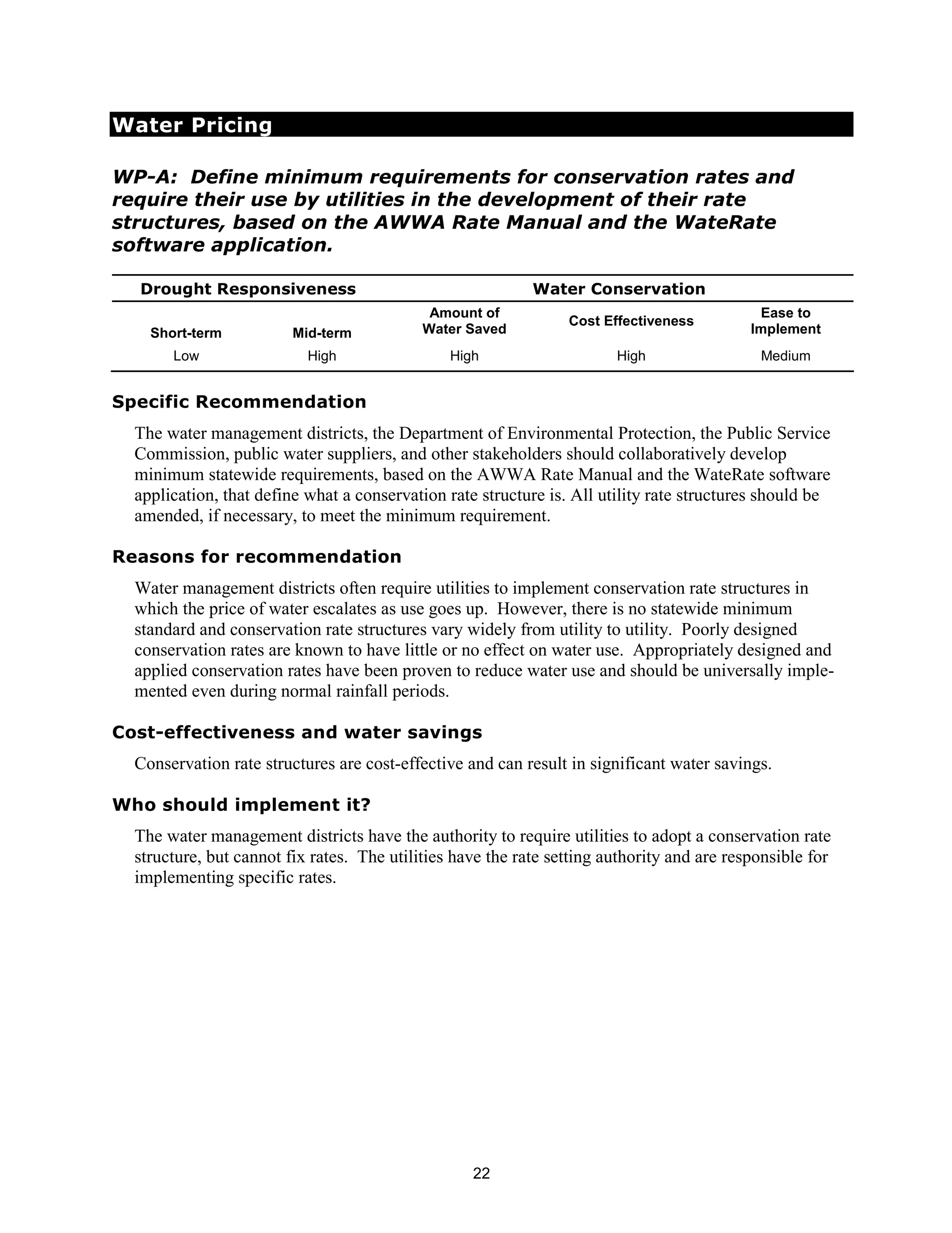 Water Pricing

WP-A: Define minimum requirements for conservation rates and
require their use by utilities in the development of their rate
structures, based on the AWWA Rate Manual and the WateRate
software application.

  Drought Responsiveness                                    Water Conservation
                                             Amount of                                       Ease to
                                                                 Cost Effectiveness
    Short-term           Mid-term           Water Saved                                     Implement
       Low                 High                 High                    High                 Medium


Specific Recommendation
  The water management districts, the Department of Environmental Protection, the Public Service
  Commission, public water suppliers, and other stakeholders should collaboratively develop
  minimum statewide requirements, based on the AWWA Rate Manual and the WateRate software
  application, that define what a conservation rate structure is. All utility rate structures should be
  amended, if necessary, to meet the minimum requirement.

Reasons for recommendation
  Water management districts often require utilities to implement conservation rate structures in
  which the price of water escalates as use goes up. However, there is no statewide minimum
  standard and conservation rate structures vary widely from utility to utility. Poorly designed
  conservation rates are known to have little or no effect on water use. Appropriately designed and
  applied conservation rates have been proven to reduce water use and should be universally imple-
  mented even during normal rainfall periods.

Cost-effectiveness and water savings
  Conservation rate structures are cost-effective and can result in significant water savings.

Who should implement it?
  The water management districts have the authority to require utilities to adopt a conservation rate
  structure, but cannot fix rates. The utilities have the rate setting authority and are responsible for
  implementing specific rates.




                                                   22
 