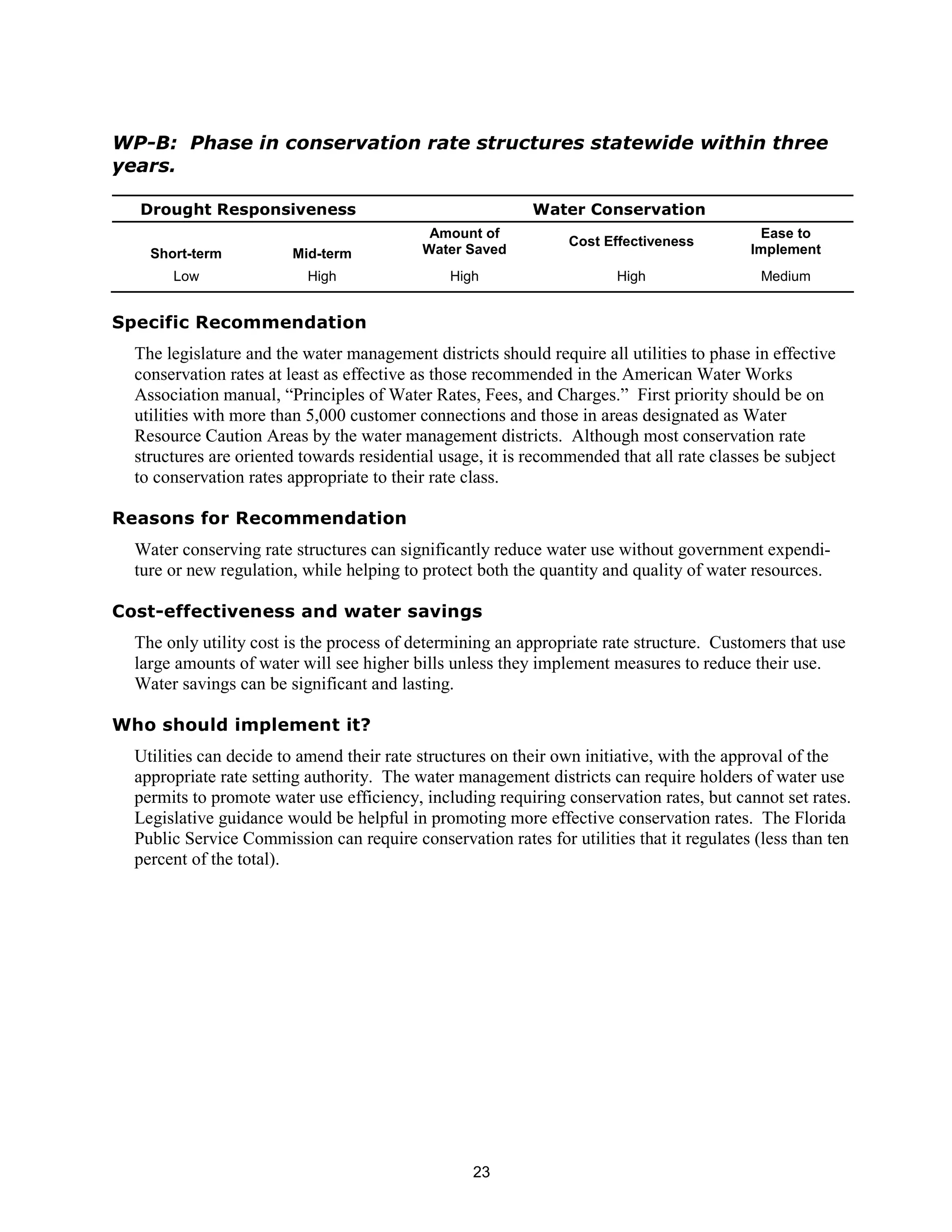 WP-B: Phase in conservation rate structures statewide within three
years.

  Drought Responsiveness                                   Water Conservation
                                            Amount of                                      Ease to
                                                                Cost Effectiveness
    Short-term          Mid-term           Water Saved                                    Implement
       Low                High                 High                    High                 Medium


Specific Recommendation
  The legislature and the water management districts should require all utilities to phase in effective
  conservation rates at least as effective as those recommended in the American Water Works
  Association manual, “Principles of Water Rates, Fees, and Charges.” First priority should be on
  utilities with more than 5,000 customer connections and those in areas designated as Water
  Resource Caution Areas by the water management districts. Although most conservation rate
  structures are oriented towards residential usage, it is recommended that all rate classes be subject
  to conservation rates appropriate to their rate class.

Reasons for Recommendation
  Water conserving rate structures can significantly reduce water use without government expendi-
  ture or new regulation, while helping to protect both the quantity and quality of water resources.

Cost-effectiveness and water savings
  The only utility cost is the process of determining an appropriate rate structure. Customers that use
  large amounts of water will see higher bills unless they implement measures to reduce their use.
  Water savings can be significant and lasting.

Who should implement it?
  Utilities can decide to amend their rate structures on their own initiative, with the approval of the
  appropriate rate setting authority. The water management districts can require holders of water use
  permits to promote water use efficiency, including requiring conservation rates, but cannot set rates.
  Legislative guidance would be helpful in promoting more effective conservation rates. The Florida
  Public Service Commission can require conservation rates for utilities that it regulates (less than ten
  percent of the total).




                                                  23
 