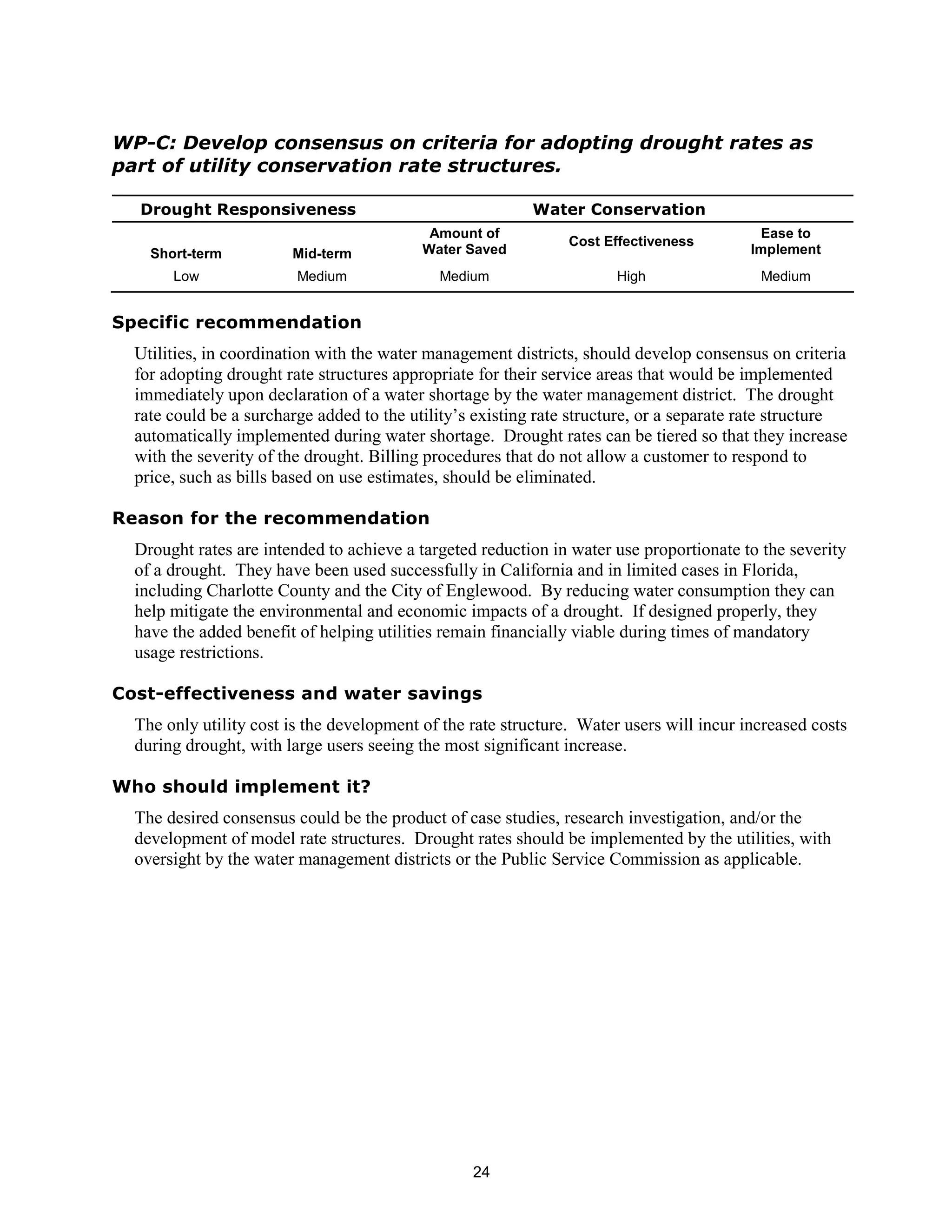 WP-C: Develop consensus on criteria for adopting drought rates as
part of utility conservation rate structures.

  Drought Responsiveness                                  Water Conservation
                                            Amount of                                      Ease to
                                                                Cost Effectiveness
    Short-term          Mid-term           Water Saved                                    Implement
       Low               Medium              Medium                    High                Medium


Specific recommendation
  Utilities, in coordination with the water management districts, should develop consensus on criteria
  for adopting drought rate structures appropriate for their service areas that would be implemented
  immediately upon declaration of a water shortage by the water management district. The drought
  rate could be a surcharge added to the utility’s existing rate structure, or a separate rate structure
  automatically implemented during water shortage. Drought rates can be tiered so that they increase
  with the severity of the drought. Billing procedures that do not allow a customer to respond to
  price, such as bills based on use estimates, should be eliminated.

Reason for the recommendation
  Drought rates are intended to achieve a targeted reduction in water use proportionate to the severity
  of a drought. They have been used successfully in California and in limited cases in Florida,
  including Charlotte County and the City of Englewood. By reducing water consumption they can
  help mitigate the environmental and economic impacts of a drought. If designed properly, they
  have the added benefit of helping utilities remain financially viable during times of mandatory
  usage restrictions.

Cost-effectiveness and water savings
  The only utility cost is the development of the rate structure. Water users will incur increased costs
  during drought, with large users seeing the most significant increase.

Who should implement it?
  The desired consensus could be the product of case studies, research investigation, and/or the
  development of model rate structures. Drought rates should be implemented by the utilities, with
  oversight by the water management districts or the Public Service Commission as applicable.




                                                  24
 
