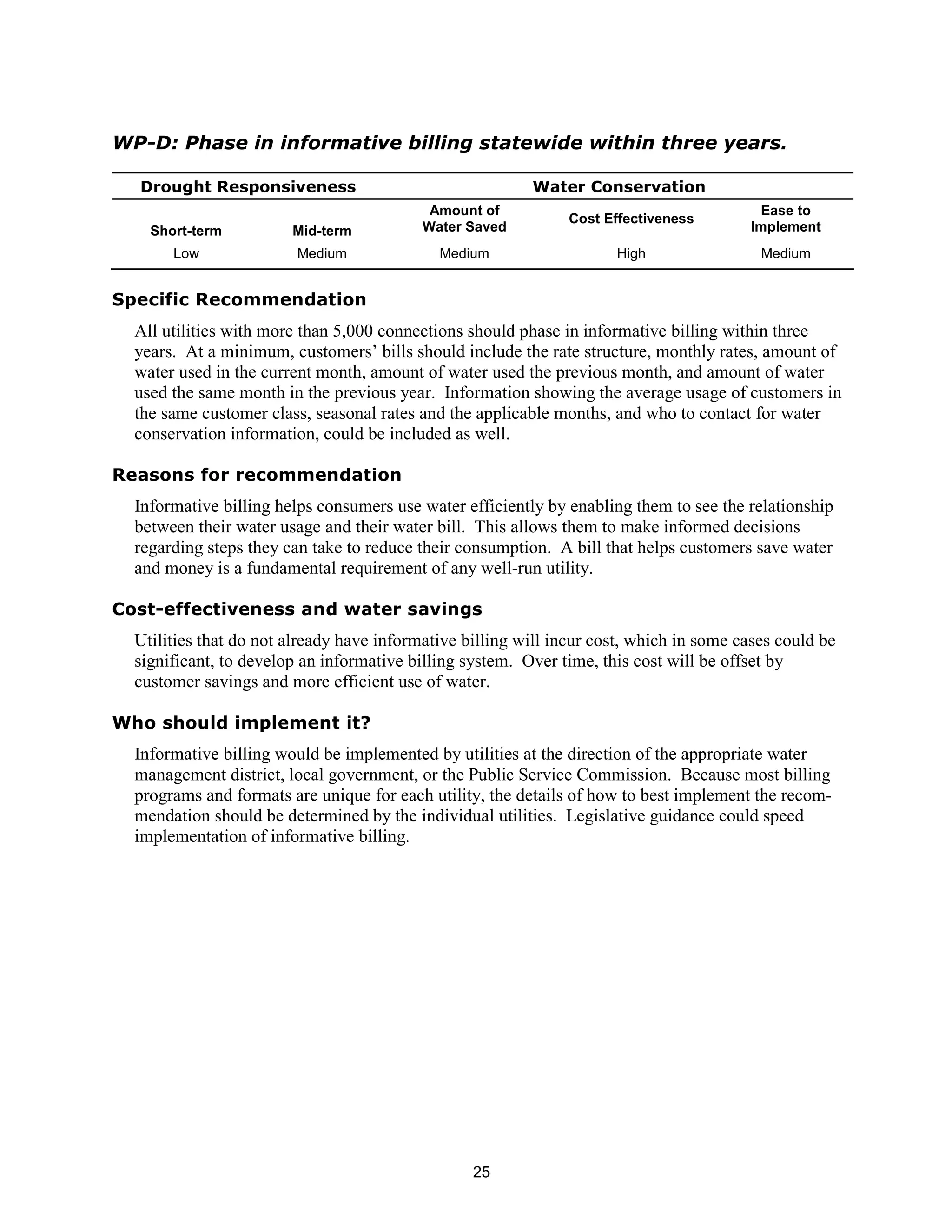 WP-D: Phase in informative billing statewide within three years.

  Drought Responsiveness                                  Water Conservation
                                            Amount of                                     Ease to
                                                               Cost Effectiveness
    Short-term          Mid-term           Water Saved                                   Implement
       Low               Medium              Medium                   High                 Medium


Specific Recommendation
  All utilities with more than 5,000 connections should phase in informative billing within three
  years. At a minimum, customers’ bills should include the rate structure, monthly rates, amount of
  water used in the current month, amount of water used the previous month, and amount of water
  used the same month in the previous year. Information showing the average usage of customers in
  the same customer class, seasonal rates and the applicable months, and who to contact for water
  conservation information, could be included as well.

Reasons for recommendation
  Informative billing helps consumers use water efficiently by enabling them to see the relationship
  between their water usage and their water bill. This allows them to make informed decisions
  regarding steps they can take to reduce their consumption. A bill that helps customers save water
  and money is a fundamental requirement of any well-run utility.

Cost-effectiveness and water savings
  Utilities that do not already have informative billing will incur cost, which in some cases could be
  significant, to develop an informative billing system. Over time, this cost will be offset by
  customer savings and more efficient use of water.

Who should implement it?
  Informative billing would be implemented by utilities at the direction of the appropriate water
  management district, local government, or the Public Service Commission. Because most billing
  programs and formats are unique for each utility, the details of how to best implement the recom-
  mendation should be determined by the individual utilities. Legislative guidance could speed
  implementation of informative billing.




                                                  25
 