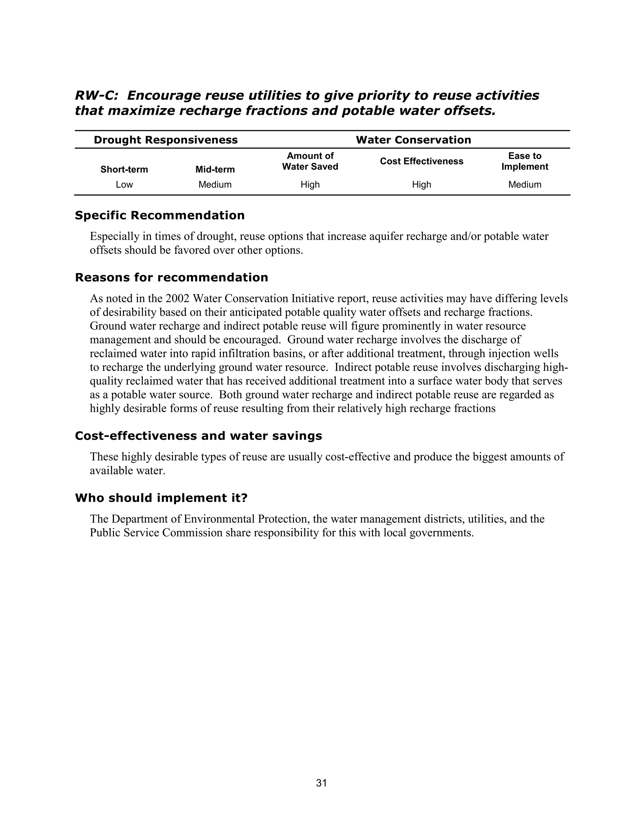 RW-C: Encourage reuse utilities to give priority to reuse activities
that maximize recharge fractions and potable water offsets.

  Drought Responsiveness                                  Water Conservation
                                            Amount of                                     Ease to
                                                               Cost Effectiveness
    Short-term          Mid-term           Water Saved                                   Implement
       Low               Medium               High                    High                 Medium


Specific Recommendation
  Especially in times of drought, reuse options that increase aquifer recharge and/or potable water
  offsets should be favored over other options.

Reasons for recommendation
  As noted in the 2002 Water Conservation Initiative report, reuse activities may have differing levels
  of desirability based on their anticipated potable quality water offsets and recharge fractions.
  Ground water recharge and indirect potable reuse will figure prominently in water resource
  management and should be encouraged. Ground water recharge involves the discharge of
  reclaimed water into rapid infiltration basins, or after additional treatment, through injection wells
  to recharge the underlying ground water resource. Indirect potable reuse involves discharging high-
  quality reclaimed water that has received additional treatment into a surface water body that serves
  as a potable water source. Both ground water recharge and indirect potable reuse are regarded as
  highly desirable forms of reuse resulting from their relatively high recharge fractions

Cost-effectiveness and water savings
  These highly desirable types of reuse are usually cost-effective and produce the biggest amounts of
  available water.

Who should implement it?
  The Department of Environmental Protection, the water management districts, utilities, and the
  Public Service Commission share responsibility for this with local governments.




                                                  31
 