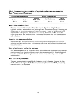 AI-B: Increase implementation of agricultural water conservation
Best Management Practices.

  Drought Responsiveness                                 Water Conservation
                                           Amount of                                    Ease to
                                                              Cost Effectiveness
    Short-term          Mid-term          Water Saved                                  Implement
     Medium             Medium              Medium                 Medium                Medium


Specific recommendation
  The water management districts should consider using the Department of Agriculture and
  Consumer Services’ “Agricultural Water Conservation Best Management Practices” manual as part
  of their water use permitting program, and could offer regulatory incentives based on successful
  implementation of the practices in the manual. If necessary, the manual could be modified to
  reflect district needs. The Mobile Irrigation Lab operators should distribute these manuals during
  their evaluations.

Reasons for recommendation
  Implementing Best Management Practices and increasing educational programs could result in
  significant long-term water savings. This may work best if it can be combined with regulatory and
  financial incentives.

Cost-effectiveness and water savings
  Best Management Practices are designed to be cost-effective although initial capital outlay for some
  practices is significant. Actual savings are variable depending upon the BMP being implemented.
  Education is critical to effective implementation. In some cases, cost-sharing would expedite
  implementation.

Who should implement it?
  The water management districts and Florida Department of Agriculture and Consumer Services
  should collaborate to improve the BMP manual, increase implementation of BMPs, and develop
  crop-specific BMP documentation.




                                                 13
 