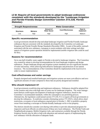 LI-B: Require all local governments to adopt landscape ordinances
consistent with the standards developed by the “Landscape Irrigation
and Florida-Friendly Design Committee”(section 373.228, Florida
Statutes).

  Drought Responsiveness                                  Water Conservation
                                           Amount of                                      Ease to
                                                               Cost Effectiveness
    Short-term          Mid-term          Water Saved                                    Implement
       Low                High                High                    High                Medium


Specific recommendation
  Local governments should develop and adopt landscape irrigation and Florida-Friendly landscape
  ordinances that are consistent with the standards developed by the Committee on Landscape
  Irrigation and Florida Friendly Design Standards (December 2006). As part of the public outreach
  associated with the new ordinance, a program to assist residents with timer settings and other
  aspects of irrigation system operation should be implemented (mobile irrigation labs could be used
  for this).

Reasons for recommendation
  Up to one-half of public water supply in Florida is devoted to landscape irrigation. The Committee
  was created by statute to develop recommendations for local landscape irrigation and design
  ordinances. Proper landscape design and irrigation system standards can save significant amounts
  of water and money, while achieving both attractive landscapes and protection of our natural
  resources. The recommendations of the Committee should be implemented at the local level in
  order to ensure implementation.

Cost-effectiveness and water savings
  Properly designed and installed landscapes and irrigation systems are more cost-effective and save
  significant amounts of water compared to those that are poorly designed and installed.

Who should implement it?
  Local governments would develop and implement ordinances. Ordinances should be adopted first
  in the counties and cities with high rates of water use for landscape irrigation. The water manage-
  ment districts could require development of landscape irrigation ordinances, based on the
  Committee’s recommended standards, within the consumptive use permitting process.
  Alternatively, the legislature could amend section 373.228, F.S. to require all local governments to
  develop the ordinances. It could also consider eliminating section 373.185(3), which allows deed
  restrictions, covenants or local ordinances enacted prior to October 1, 2001 to prohibit a property
  owner from installing a xeriscape or Florida-friendly landscape on his or her property.
  The districts should also consider cost-sharing with utilities to provide educational programs for
  inspectors and local officials on enforcement of these new local ordinances. The Florida Yards and
  Neighborhoods program, Mobile Irrigation Labs, and contractors available through the Florida
  Irrigation Society may be able to help with education and outreach aspects of implementing the
  new ordinance with the allocation of adequate funds.


                                                 18
 