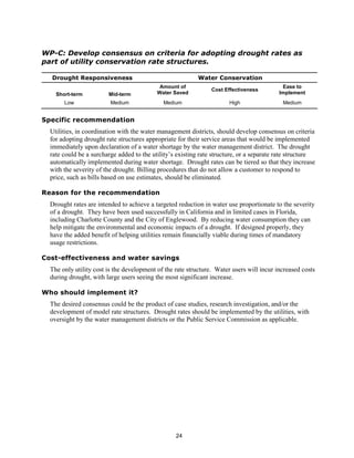 WP-C: Develop consensus on criteria for adopting drought rates as
part of utility conservation rate structures.

  Drought Responsiveness                                  Water Conservation
                                            Amount of                                      Ease to
                                                                Cost Effectiveness
    Short-term          Mid-term           Water Saved                                    Implement
       Low               Medium              Medium                    High                Medium


Specific recommendation
  Utilities, in coordination with the water management districts, should develop consensus on criteria
  for adopting drought rate structures appropriate for their service areas that would be implemented
  immediately upon declaration of a water shortage by the water management district. The drought
  rate could be a surcharge added to the utility’s existing rate structure, or a separate rate structure
  automatically implemented during water shortage. Drought rates can be tiered so that they increase
  with the severity of the drought. Billing procedures that do not allow a customer to respond to
  price, such as bills based on use estimates, should be eliminated.

Reason for the recommendation
  Drought rates are intended to achieve a targeted reduction in water use proportionate to the severity
  of a drought. They have been used successfully in California and in limited cases in Florida,
  including Charlotte County and the City of Englewood. By reducing water consumption they can
  help mitigate the environmental and economic impacts of a drought. If designed properly, they
  have the added benefit of helping utilities remain financially viable during times of mandatory
  usage restrictions.

Cost-effectiveness and water savings
  The only utility cost is the development of the rate structure. Water users will incur increased costs
  during drought, with large users seeing the most significant increase.

Who should implement it?
  The desired consensus could be the product of case studies, research investigation, and/or the
  development of model rate structures. Drought rates should be implemented by the utilities, with
  oversight by the water management districts or the Public Service Commission as applicable.




                                                  24
 