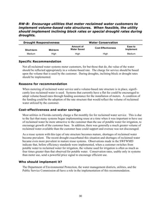 RW-B: Encourage utilities that meter reclaimed water customers to
implement volume-based rate structures. When feasible, the utility
should implement inclining block rates or special drought rates during
droughts.

  Drought Responsiveness                                  Water Conservation
                                            Amount of                                     Ease to
                                                               Cost Effectiveness
    Short-term          Mid-term           Water Saved                                   Implement
     Medium               High                High                    High                 Medium


Specific Recommendation
  Not all reclaimed water systems meter customers, for but those that do, the value of the water
  should be reflected appropriately in a volume-based rate. The charge for service should be based
  upon the volume that is used by the customer. During droughts, inclining block or drought rates
  should be implemented.

Reasons for recommendation
  When metering of reclaimed water service and a volume-based rate structure is in place, signifi-
  cantly less reclaimed water is used. Systems that currently have a flat fee could be encouraged to
  adopt volume-based rates through funding assistance for the installation of meters. A condition of
  the funding could be the adoption of the rate structure that would reflect the volume of reclaimed
  water utilized by the customer.

Cost-effectiveness and water savings
  Most utilities in Florida currently charge a flat monthly fee for reclaimed water service. This is due
  to the fact that many systems began implementing reuse at a time when it was important to have use
  of reclaimed water be more attractive to the customer than the use of potable water for irrigation, to
  encourage growth of the customer base. In addition, there was generally a much greater volume of
  reclaimed water available than the customer base could support and overuse was not discouraged.
  As a reuse system with this type of rate structure becomes mature, shortages of reclaimed water
  become prevalent. The recent drought exacerbated this situation and shortages of reclaimed water
  became even more prevalent in mature reuse systems. Observations made in the SWFWMD
  indicate that, before efficiency standards were implemented, when a customer switches from
  potable water to reclaimed water for irrigation, the volume used for irrigation is often as much as
  four times greater than that observed for potable water. Conservation rates, usable only in systems
  than meter use, send a powerful price signal to encourage efficient use.

Who should implement it?
  The Department of Environmental Protection, the water management districts, utilities, and the
  Public Service Commission all have a role in the implementation of this recommendation.




                                                  30
 