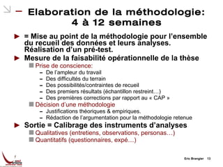 Elaboration de la méthodologie: 4 à 12 semaines = Mise au point de la méthodologie pour l’ensemble du recueil des données et leurs analyses. Réalisation d’un pré-test. Mesure de la faisabilité opérationnelle de la thèse Prise de conscience: De l’ampleur du travail Des difficultés du terrain Des possibilités/contraintes de recueil Des premiers résultats (échantillon restreint…) Des premières corrections par rapport au « CAP » Décision d’une méthodologie Justifications théoriques & empiriques. Rédaction de l’argumentation pour la méthodologie retenue Sortie = Calibrage des instruments d’analyses Qualitatives (entretiens, observations, personas…) Quantitatifs (questionnaires, expé…) Eric Brangier  