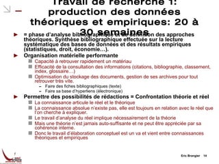 Travail de recherche 1: production des données théoriques et empiriques: 20 à 30 semaines = phase d’analyse bibliographique et de définition des approches théoriques. Synthèse bibliographique effectuée sur la lecture systématique des bases de données et des résultats empiriques (statistiques, droit, économie…). Organisation matérielle performante Capacité à retrouver rapidement un matériau Efficacité de la consultation des informations (citations, bibliographie, classement, index, glossaire…) Optimisation du stockage des documents, gestion de ses archives pour tout retrouver très vite. Faire des fiches bibliographiques (texte) Faire sa base d’hyperliens (électronique) Permettre des possibilités de rédactions = Confrontation théorie et réel La connaissance articule le réel et le théorique La connaissance absolue n’existe pas, elle est toujours en relation avec le réel que l’on cherche à expliquer. Le travail d’analyse du réel implique nécessairement de la théorie Mais une théorie n’est jamais auto-suffisante et ne peut être appréciée par sa cohérence interne. Donc le travail d’élaboration conceptuel est un va et vient entre connaissances théoriques et empiriques Eric Brangier  