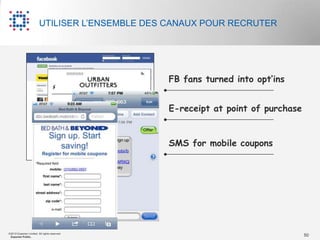 UTILISER L‟ENSEMBLE DES CANAUX POUR RECRUTER




                                                FB fans turned into opt’ins


                                                E-receipt at point of purchase


                                                SMS for mobile coupons




©2012 Experian Limited. All rights reserved.
 Experian Public.                                                                50
 