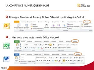 LA CONFIANCE NUMÉRIQUE EN PLUS



  Echanges Sécurisés et Tracés / Ribbon Office Microsoft intégré à Outlook…




  … Mais aussi dans toute la suite Office Microsoft
 