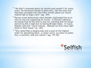 * “He didn’t dreamed about his familia and wouldn’t for many
  years. He dreamed instead of gold coins, like the ones that
  had been salvaged from the many wrecks about our island,
  staked high as sugar cane” (pg. 169)
* Ramon acted defensively when Needle challenged him as to
  why he was not supporting his family. In Ramon’s defense,
  he stated that he has bills to pay for, claiming that his house
  electricity bill is high due to having 88 light bulbs. In result,
  Needle calls him “Come mierda. Nobody has that many light
  bulbs in their house” (p. 187).
* “She called Papi a desgraciado and a puto of the highest
  order for abondning them, a traitor worm, an eater of public
  lice, a cockless, ball-less cabron” (pg. 191-92)




                                                    *
 