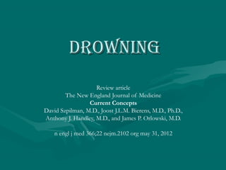 DROWNING
Review article
The New England Journal of Medicine
Current Concepts
David Szpilman, M.D., Joost J.L.M. Bierens, M.D., Ph.D.,
Anthony J. Handley, M.D., and James P. Orlowski, M.D.
n engl j med 366;22 nejm.2102 org may 31, 2012

 