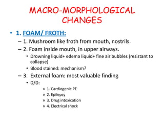 MACRO-MORPHOLOGICAL CHANGES1. FOAM/ FROTH: 1. Mushroom like froth from mouth, nostrils.2. Foam inside mouth, in upper airways.Drowning liquid+ edema liquid+ fine air bubbles (resistant to collapse)Blood stained: mechanism?3.  External foam: most valuable findingD/D: 	1. Cardiogenic PE2. Epilepsy3. Drug intoxication4. Electrical shock