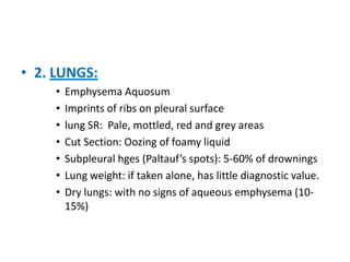 2. LUNGS:Emphysema AquosumImprints of ribs on pleural surfacelung SR:  Pale, mottled, red and grey areasCut Section: Oozing of foamy liquidSubpleuralhges (Paltauf’s spots): 5-60% of drowningsLung weight: if taken alone, has little diagnostic value.Dry lungs: with no signs of aqueous emphysema (10-15%) 