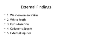External Findings
• 1. Washerwoman's Skin
• 2. White Froth
• 3. Cutis Anserina
• 4. Cadaveric Spasm
• 5. External Injuries
 