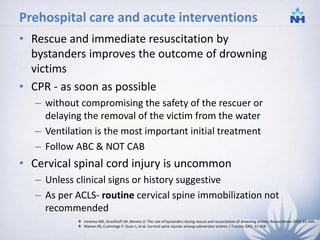 Prehospital care and acute interventions
• Rescue and immediate resuscitation by
bystanders improves the outcome of drowning
victims
• CPR - as soon as possible
– without compromising the safety of the rescuer or
delaying the removal of the victim from the water
– Ventilation is the most important initial treatment
– Follow ABC & NOT CAB
• Cervical spinal cord injury is uncommon
– Unless clinical signs or history suggestive
– As per ACLS- routine cervical spine immobilization not
recommended
 Venema AM, Groothoff JW, Bierens JJ. The role of bystanders during rescue and resuscitation of drowning victims. Resuscitation 2010; 81:434.
 Watson RS, Cummings P, Quan L, et al. Cervical spine injuries among submersion victims. J Trauma 2001; 51:658.
20
 