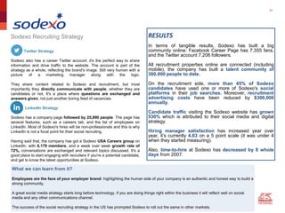 33
Twitter Strategy
Sodexo also has a career Twitter account: it's the perfect way to share
information and drive traffic to the website. The account is part of the
strategy as a whole, reflecting the brand's image. Still very human with a
picture of a marketing manager along with the logo.
They share content related to Sodexo and recruitment, but most
importantly they directly communicate with people, whether they are
candidates or not. It's a place where questions are exchanged and
answers given, not just another boring feed of vacancies.
LinkedIn Strategy
Sodexo has a company page followed by 25,890 people. The page has
several features, such as a careers tab, and the list of employees on
LinkedIn. Most of Sodexo's hires will be non-professionals and this is why
LinkedIn is not a focal point for their social recruiting.
Having said that, the company has got a Sodexo USA Careers group on
LinkedIn: with 6,179 members, and a week over week growth rate of
72%, conversations are exchanged and relevant topics discussed. It's a
good place to start engaging with recruiters if you're a potential candidate,
and get to know the latest opportunities at Sodexo.
Sodexo Recruiting Strategy RESULTS
In terms of tangible results, Sodexo has built a big
community online: Facebook Career Page has 7,355 fans,
and the Twitter account 7,206 followers.
All recruitment properties online are connected (including
mobile), the company has built a talent community of
300,000 people to date.
On the recruitment side, more than 45% of Sodexo
candidates have used one or more of Sodexo's social
platforms in their job searches. Moreover, recruitment
advertising costs have been reduced by $300,000
annually.
Candidate traffic visiting the Sodexo website has grown
530% which is attributed to their social media and digital
strategy.
Hiring manager satisfaction has increased year over
year, it’s currently 4.63 on a 5 point scale (it was under 4
when they started measuring).
Also, time-to-hire at Sodexo has decreased by 8 whole
days from 2007.
What we can learn from it?
Employees are the face of your employer brand: highlighting the human side of your company is an authentic and honest way to build a
strong community.
A great social media strategy starts long before technology, if you are doing things right within the business it will reflect well on social
media and any other communications channel.
The success of the social recruiting strategy in the US has prompted Sodexo to roll out the same in other markets.
 