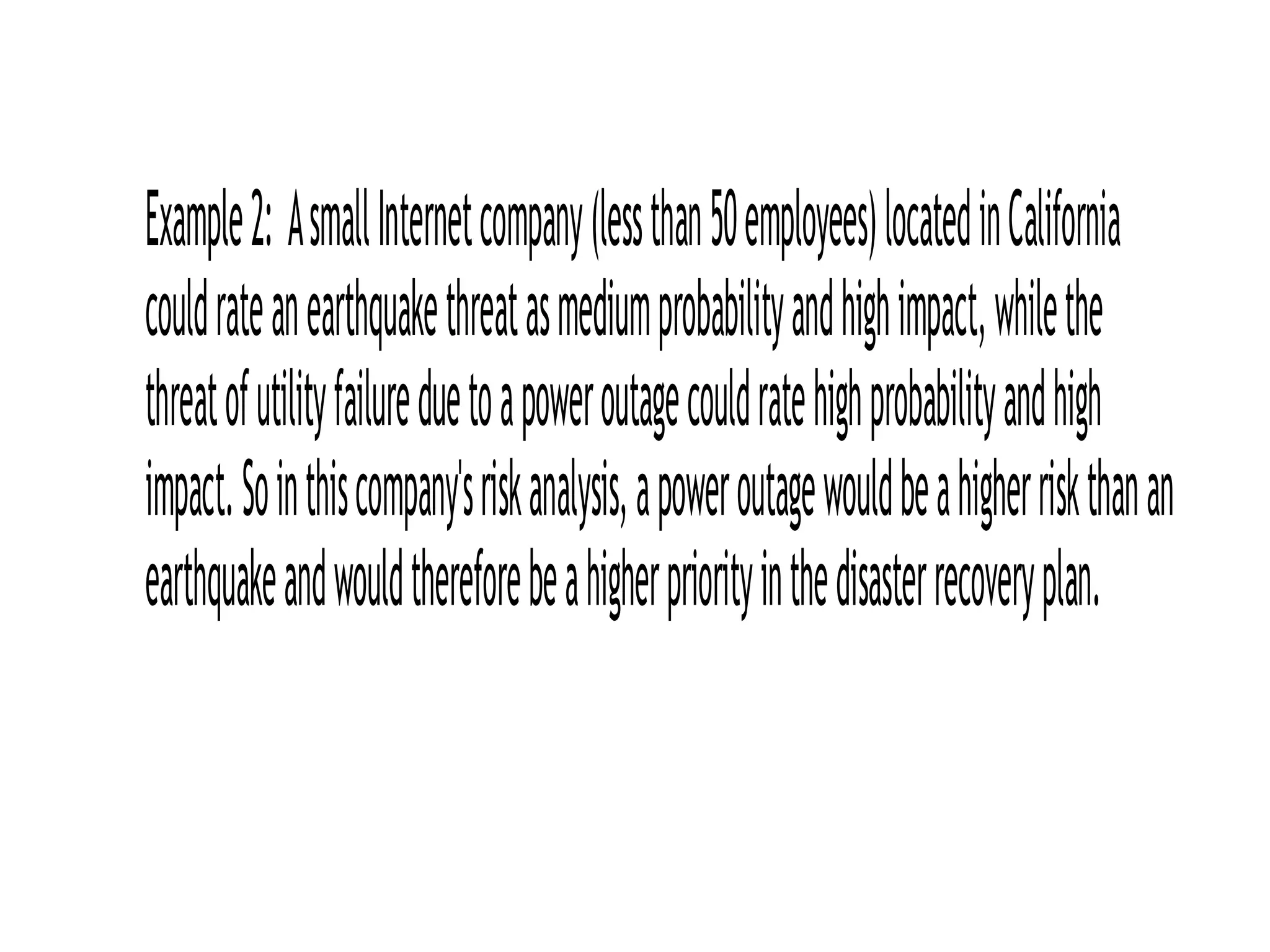 Example Template Risk Rating Power Outage Probability: Impact: Hardware Failure Probability: Impact: Disk Failure Probability: Impact: Malware/Malicious Software Probability:  Impact: High Human Error Probability: High  Impact: Natural Disaster Probability: Low  Impact: High Malicious Social Engineering Probability:  Impact: High 