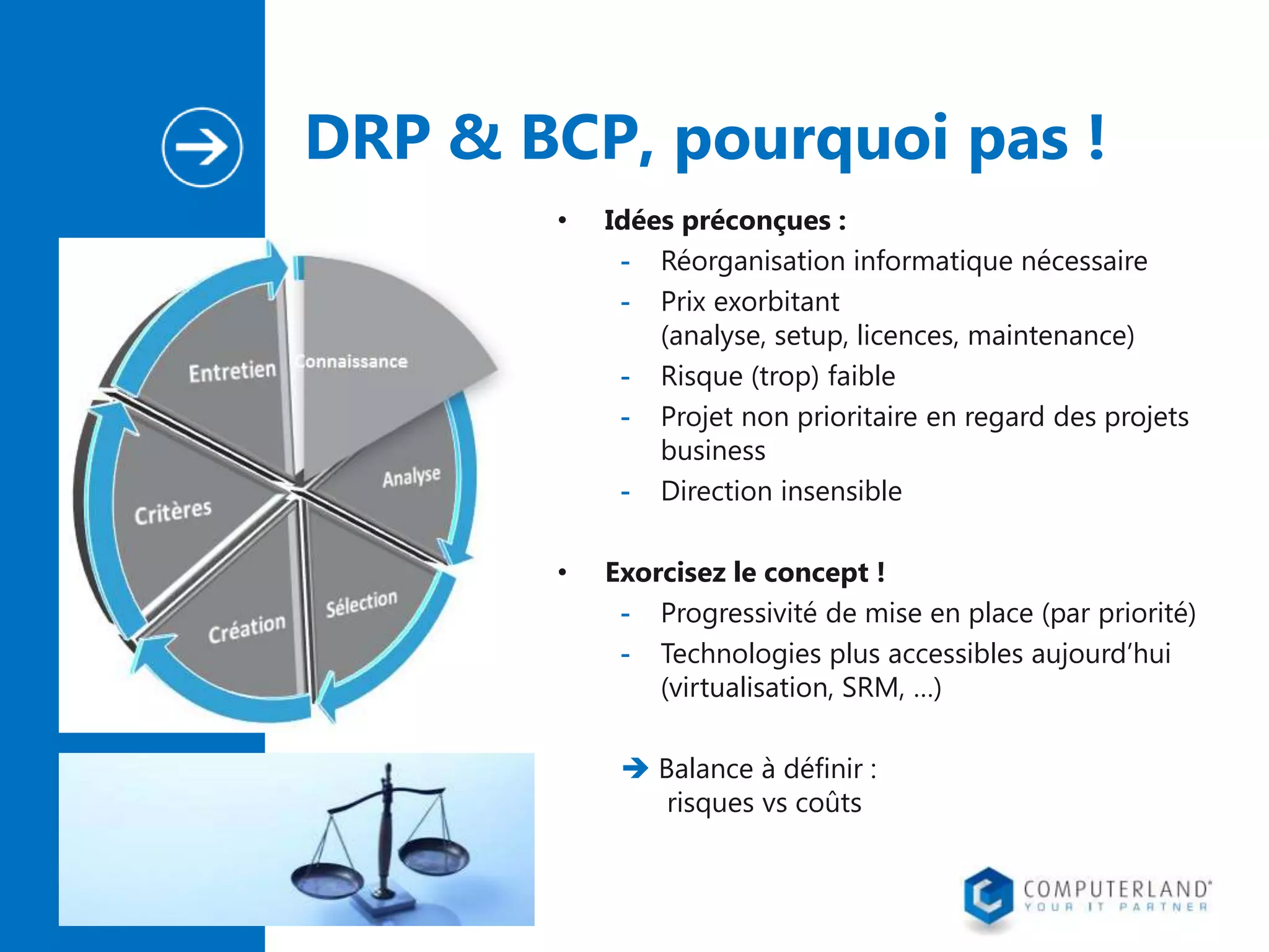 DRP & BCP, pourquoi pas !
•

Idées préconçues :
- Réorganisation informatique nécessaire
- Prix exorbitant
(analyse, setup, licences, maintenance)
- Risque (trop) faible
- Projet non prioritaire en regard des projets
business
- Direction insensible

•

Exorcisez le concept !
- Progressivité de mise en place (par priorité)
- Technologies plus accessibles aujourd’hui
(virtualisation, SRM, …)

 Balance à définir :
risques vs coûts

 