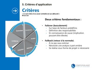 5. Critères d’application

Critères

« Le seul critère d'un savoir véritable est son efficacité »
Bruce Lee

Deux critères fondamentaux :
•

Failover (basculement)
- Sur base de facteurs prédéfinis
- Définition des responsabilités
- En connaissance de cause (implication
pouvant être élevée)

•

Failback (retour à la normale)
- À ne pas sous estimer
- Nécessite une analyse à part entière
- Se réalise sous forme de projet si nécessaire

 