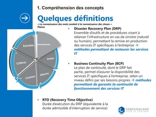 1. Compréhension des concepts

Quelques définitions
« La connaissance des mots conduit à la connaissance des choses »
Platon

•

•

•

Disaster Recovery Plan (DRP)
Ensemble d’outils et de procédures visant à
relancer l’infrastructure en cas de sinistre (naturel
ou humain), permettant la remise en production
des services IT spécifiques à l’entreprise 
méthodes permettant de restaurer les services
IT
Business Continuity Plan (BCP)
Le plan de continuité, dont le DRP fait
partie, permet d’assurer la disponibilité des
services IT spécifiques à l’entreprise, selon un
niveau défini par ses besoins propres  méthodes
permettant de garantir la continuité de
fonctionnement des services IT

RTO (Recovery Time Objective)
Durée d’exécution du DRP (équivalente à la
durée admissible d’interruption de service)

 