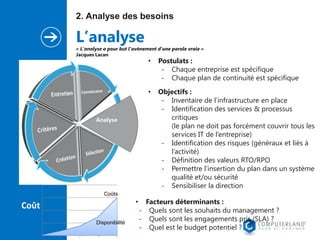2. Analyse des besoins

L’analyse

« L'analyse a pour but l'avènement d'une parole vraie »
Jacques Lacan

•

•

Coûts

•

Coût
Disponibilité

Postulats :
- Chaque entreprise est spécifique
- Chaque plan de continuité est spécifique
Objectifs :
- Inventaire de l’infrastructure en place
- Identification des services & processus
critiques
(le plan ne doit pas forcément couvrir tous les
services IT de l’entreprise)
- Identification des risques (généraux et liés à
l’activité)
- Définition des valeurs RTO/RPO
- Permettre l’insertion du plan dans un système
qualité et/ou sécurité
- Sensibiliser la direction

Facteurs déterminants :
- Quels sont les souhaits du management ?
- Quels sont les engagements pris (SLA) ?
- Quel est le budget potentiel ?

 
