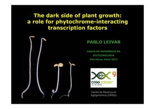 The da
     e dark s de o p a
            side of plant g o
                          growth:
a role for phytochrome-interacting
        transcription factors
                p

                    PABLO LEIVAR

                    XARXA DE REFERÈNCIA EN
                        BIOTECNOLOGIA
                     Barcelona, Juliol 2012




                      Centre de Recerca en
                      C t d R
                      Agrigenòmica (CRAG)
 