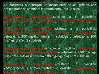 En pacientes que tengan un aislamiento de un germen con antibiograma se cambiará el tratamiento  (Rec C) , si es: Streptococcus pneumoniae   sensible a la penicilina:  penicilina cristalina, 500 000 a 1 000 000 U/(kg · día). Streptococcus pneumoniae   resistente a la penicilina:  cefuroxima, 150 mg/(kg · día) en 3 subdosis   o cefotaxima, 200 mg/(kg · día) en 4 subdosis o ceftriazona, 100 mg/(kg · día) en 2 subdosis. Staphylococcus aureus   sensible al oxacilina:  cefazolina, 100 mg/(kg · día) en 3 subdosis   o cefuroxima, 150 mg/(kg · día) en 3 subdosis o trifamox 100 mg/(kg · día) en 2 subdosis. Streptococcus pneumoniae   resistente a oxacilina y  Staphylococcus aureus  resistente a oxacillin:  vancomicina, 40 mg/(kg · día) en 4 subdosis. 