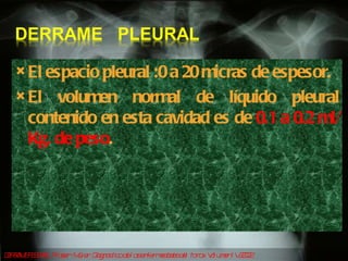 El espacio pleural :0 a 20 micras de espesor.  El volumen normal de líquido pleural contenido en esta cavidad es de  0.1 a 0.2 ml/Kg. de peso .  DERRAME PLEURAL  Fraser- Muler. Diagnostico de las enfermedades del torax. Volumen IV 2002  