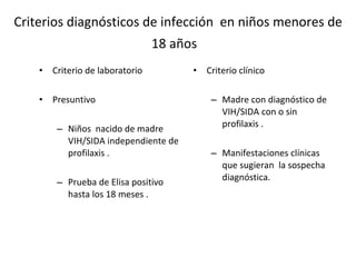 Criterios diagnósticos de infección  en niños menores de 18 años  Criterio de laboratorio  Presuntivo Niños  nacido de madre VIH/SIDA independiente de profilaxis . Prueba de Elisa positivo  hasta los 18 meses .  Criterio clínico  Madre con diagnóstico de VIH/SIDA con o sin profilaxis . Manifestaciones clínicas que sugieran  la sospecha diagnóstica. 