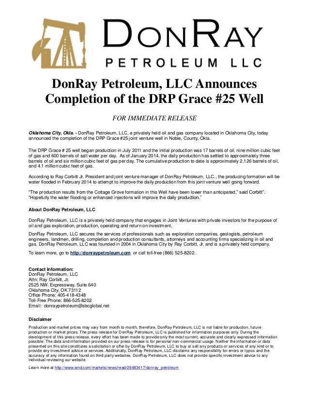 Donray Petroleum Completed Drp Grace 25 Well In Noble County Okla