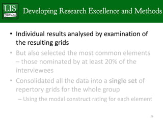 • Individual results analysed by examination of
  the resulting grids
• But also selected the most common elements
  – those nominated by at least 20% of the
  interviewees
• Consolidated all the data into a single set of
  repertory grids for the whole group
  – Using the modal construct rating for each element

                                                    29
 