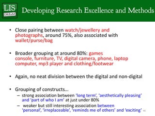• Close pairing between watch/jewellery and
  photographs, around 75%, also associated with
  wallet/purse/bag

• Broader grouping at around 80%: games
  console, furniture, TV, digital camera, phone, laptop
  computer, mp3 player and clothing/footwear

• Again, no neat division between the digital and non-digital

• Grouping of constructs…
   – strong association between ‘long term’, ‘aesthetically pleasing’
     and ‘part of who I am’ at just under 80%
   – weaker but still interesting association between
     ‘personal’, ‘irreplaceable’, ‘reminds me of others’ and ‘exciting’ 46
 