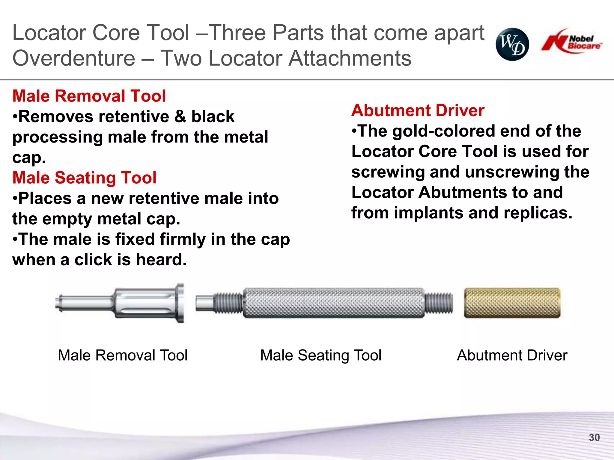 Locator Core Tool –Three Parts that come apart
Overdenture – Two Locator Attachments
Male Removal Tool
•Removes retentive & black                  Abutment Driver
processing male from the metal              •The gold-colored end of the
cap.                                        Locator Core Tool is used for
Male Seating Tool                           screwing and unscrewing the
•Places a new retentive male into           Locator Abutments to and
the empty metal cap.                        from implants and replicas.
•The male is fixed firmly in the cap
when a click is heard.




     Male Removal Tool          Male Seating Tool       Abutment Driver




                                                                          30
 