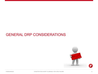 DISASTER RECOVERY PLANNING FOR HEALTHCAREPONDURANCE 8
GENERAL DRP CONSIDERATIONS
 