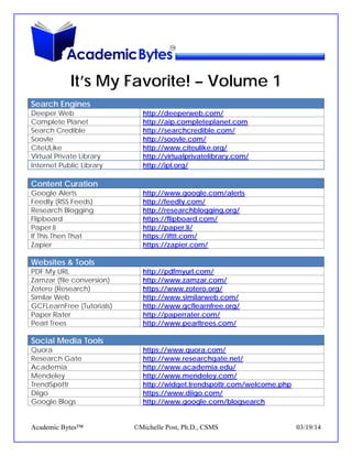 It’s My Favorite! – Volume 1
Search Engines
Deeper Web http://deeperweb.com/
Complete Planet http://aip.completeplanet.com
Search Credible http://searchcredible.com/
Soovle http://soovle.com/
CiteULike http://www.citeulike.org/
Virtual Private Library http://virtualprivatelibrary.com/
Internet Public Library http://ipl.org/
Content Curation
Google Alerts http://www.google.com/alerts
Feedly (RSS Feeds) http://feedly.com/
Research Blogging http://researchblogging.org/
Flipboard https://flipboard.com/
Paper.li http://paper.li/
If This Then That https://ifttt.com/
Zapier https://zapier.com/
Websites & Tools
PDF My URL http://pdfmyurl.com/
Zamzar (file conversion) http://www.zamzar.com/
Zotero (Research) https://www.zotero.org/
Similar Web http://www.similarweb.com/
GCFLearnFree (Tutorials) http://www.gcflearnfree.org/
Paper Rater http://paperrater.com/
Pearl Trees http://www.pearltrees.com/
Social Media Tools
Quora https://www.quora.com/
Research Gate http://www.researchgate.net/
Academia http://www.academia.edu/
Mendeley http://www.mendeley.com/
TrendSpottr http://widget.trendspottr.com/welcome.php
Diigo https://www.diigo.com/
Google Blogs http://www.google.com/blogsearch
Academic Bytes™ ©Michelle Post, Ph.D., CSMS 03/19/14
 